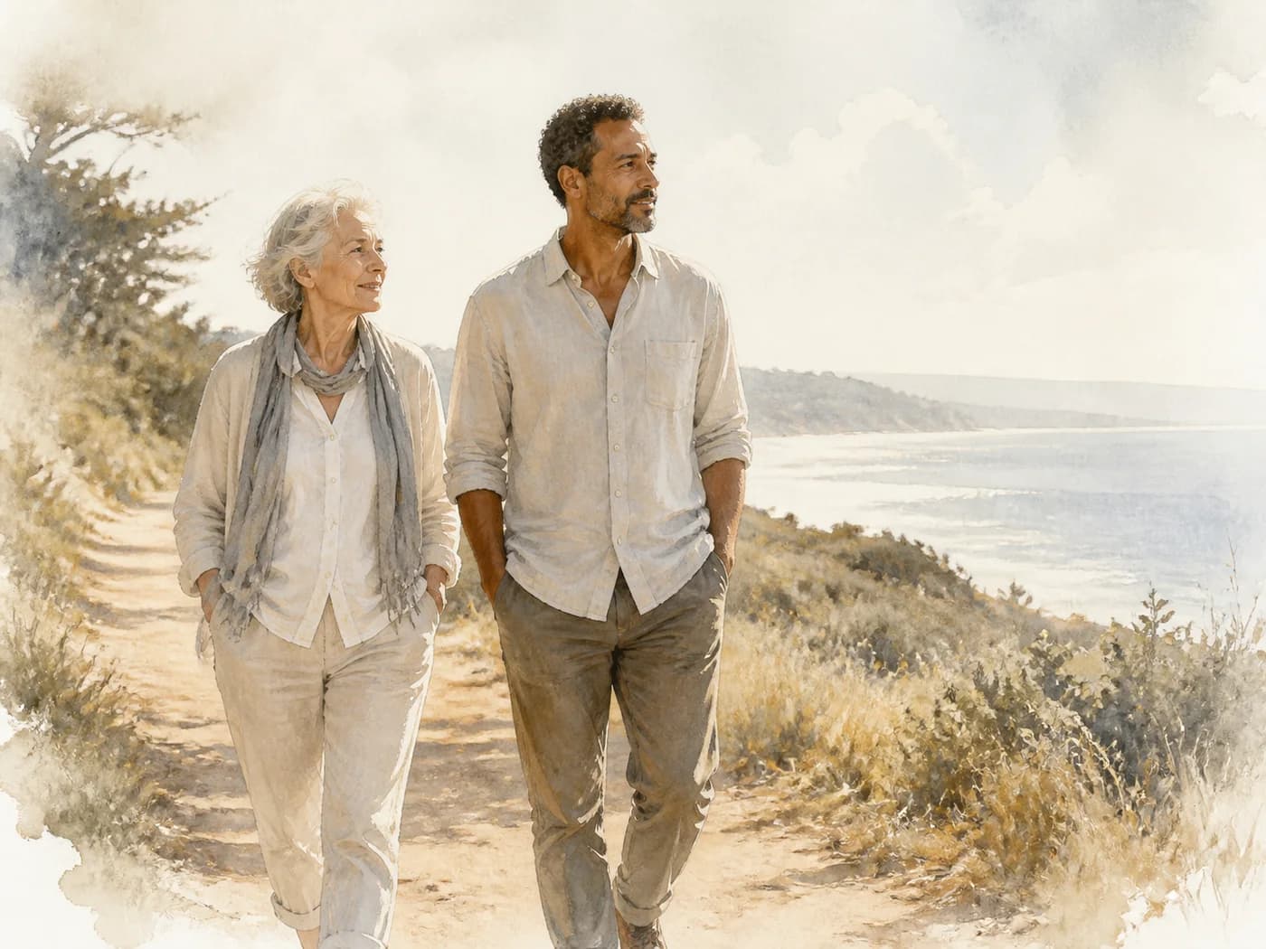 A grandmother and her adult son walking together on a coastal trail