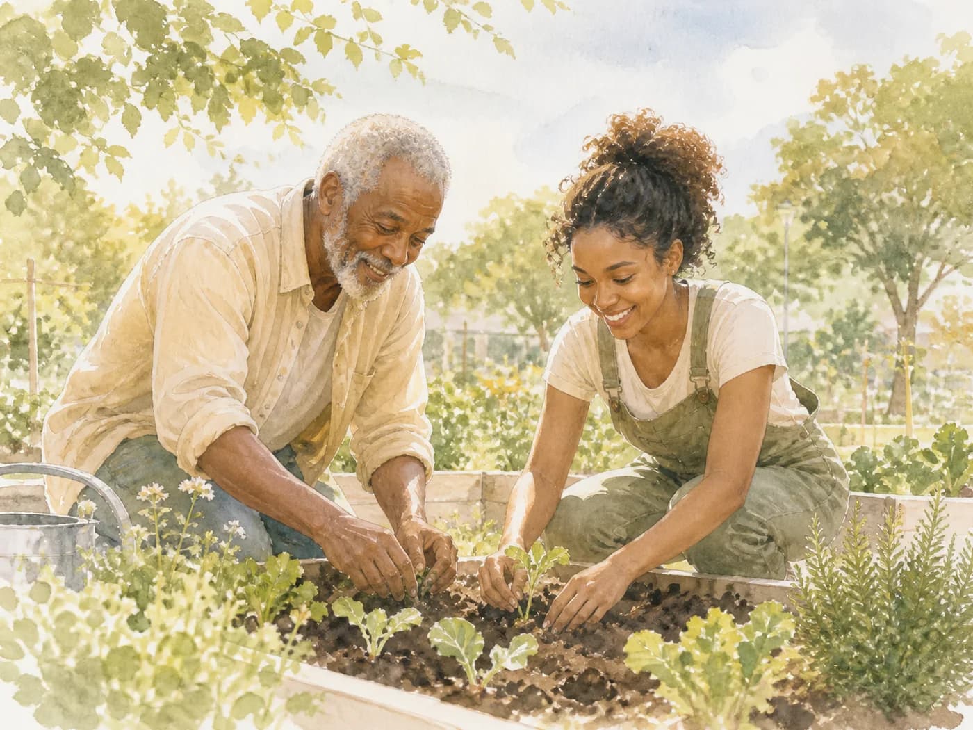 A Black grandfather and his adult granddaughter planting vegetables together in a community garden