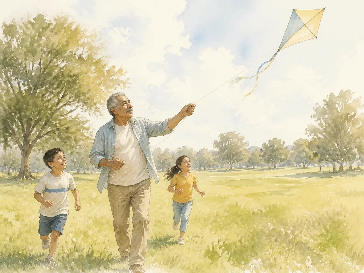 A Latino grandfather flying a kite with two grandchildren in a neighborhood park